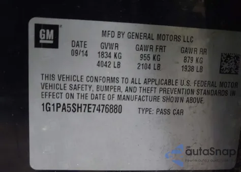 2014 Chevrolet Cruze Ls Auto z USA, uszkodzony, nr VIN 1G1PA5SH7E7476880